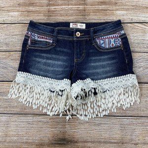 LEI Ashley Low rise Aztec Shorts Women Size 1 Crochet Lace Denim Jean - NEW